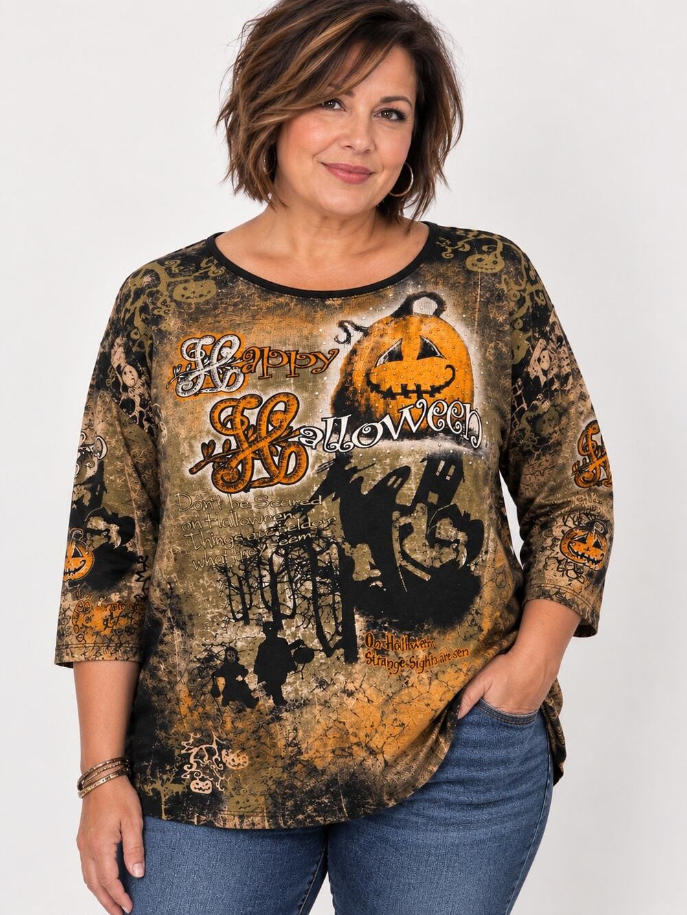 Vintage Happy Halloween novelty print spooky house pumpkin ghost top t-shirt xxl